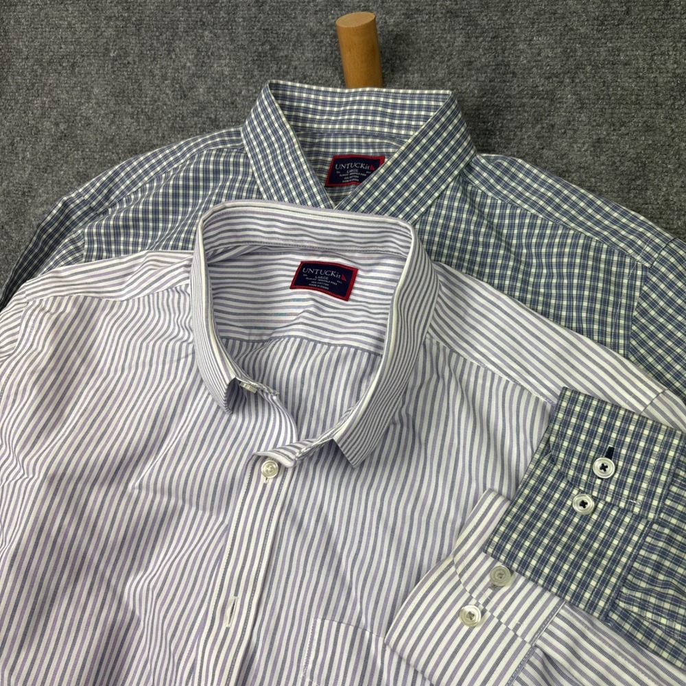UNTUCKit Button Down Shirt Mens Large Blue Purple Stripe Gingham Slim Fit Lot 2
